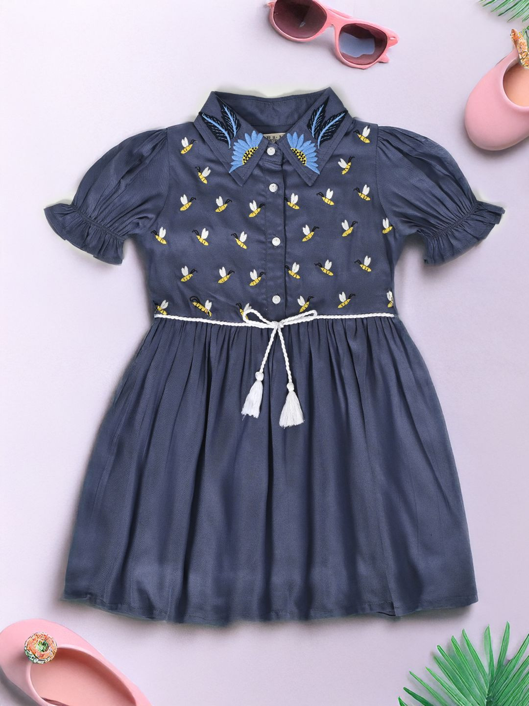 BAESD Girls Honey Bee Embroidered Shirt Collar Cotton Fit & Flare Dress