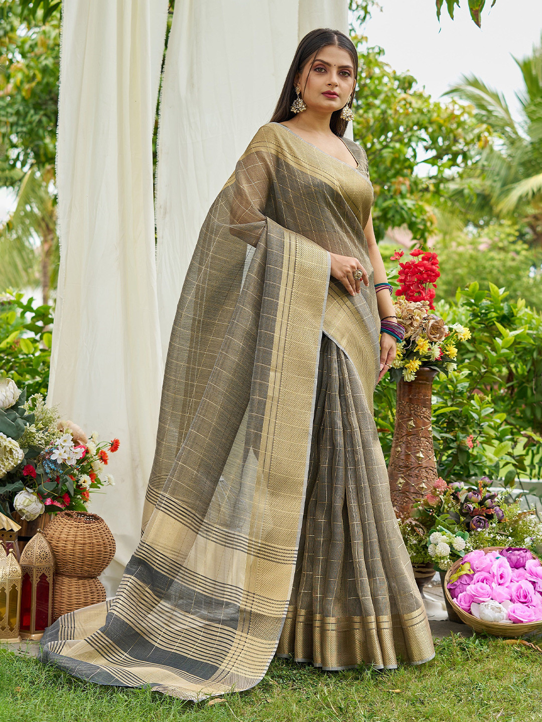 all about you Checked Woven Design Tissue Saree