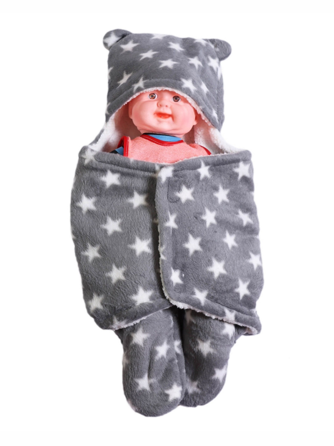 FIRST SLEEP Kids Grey & White Printed AC Room 210 GSM 3 In 1 Hooded Baby Blanket