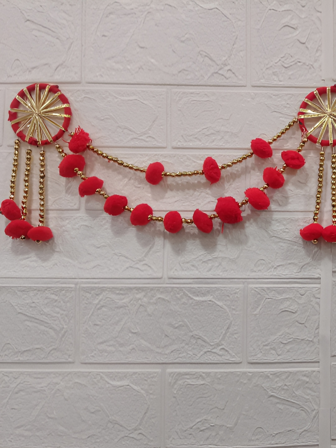 Nutts Bandhanwar Red & Beige Pompom With Jaal Bangle Hanging Garlands