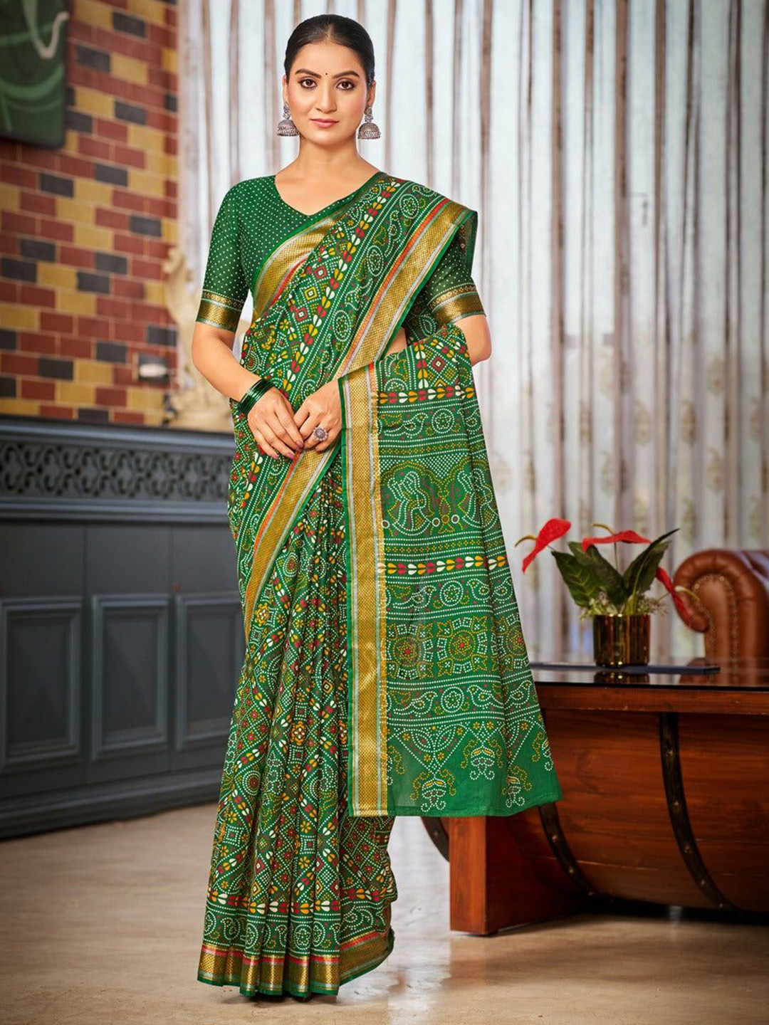 all about you Bandhani Printed Zari Woven Desgn Border Bandhani Saree With Blouse Piece