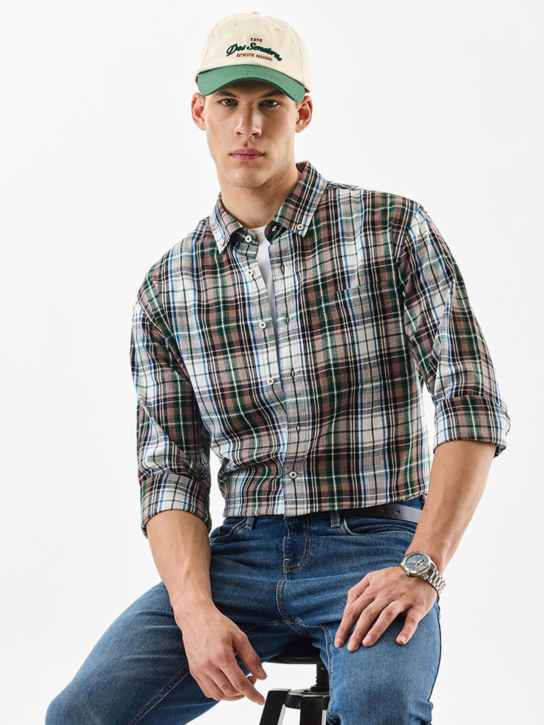 Snitch Classic Tartan Checked Cotton Linen Casual Shirt