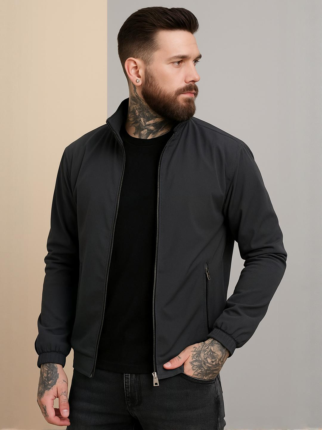 VOXATI Men Grey Polyester Jacket