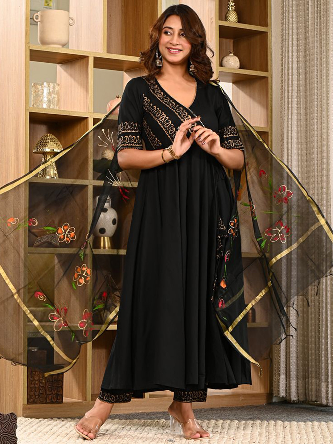 Indi INSIDE Women Hand Block Printed Angrakha Pure Cotton Kurta Trousers & Dupatta