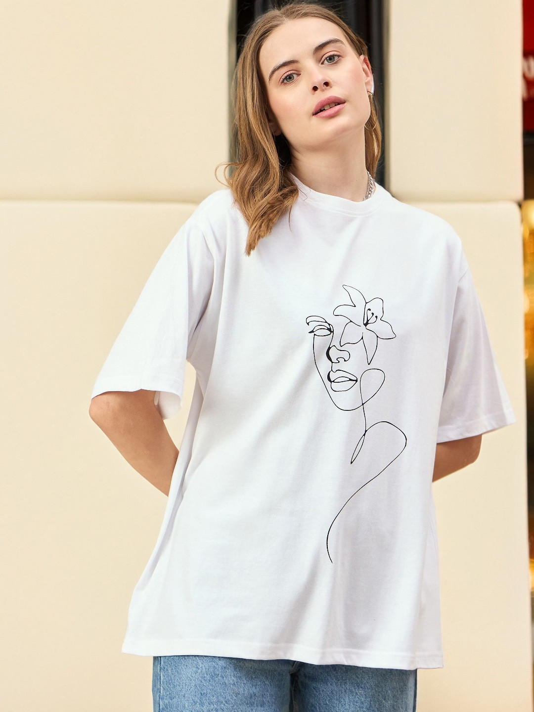 DressBerry Graphic Printed Drop-Shoulder Sleeves Oversized T-shirt