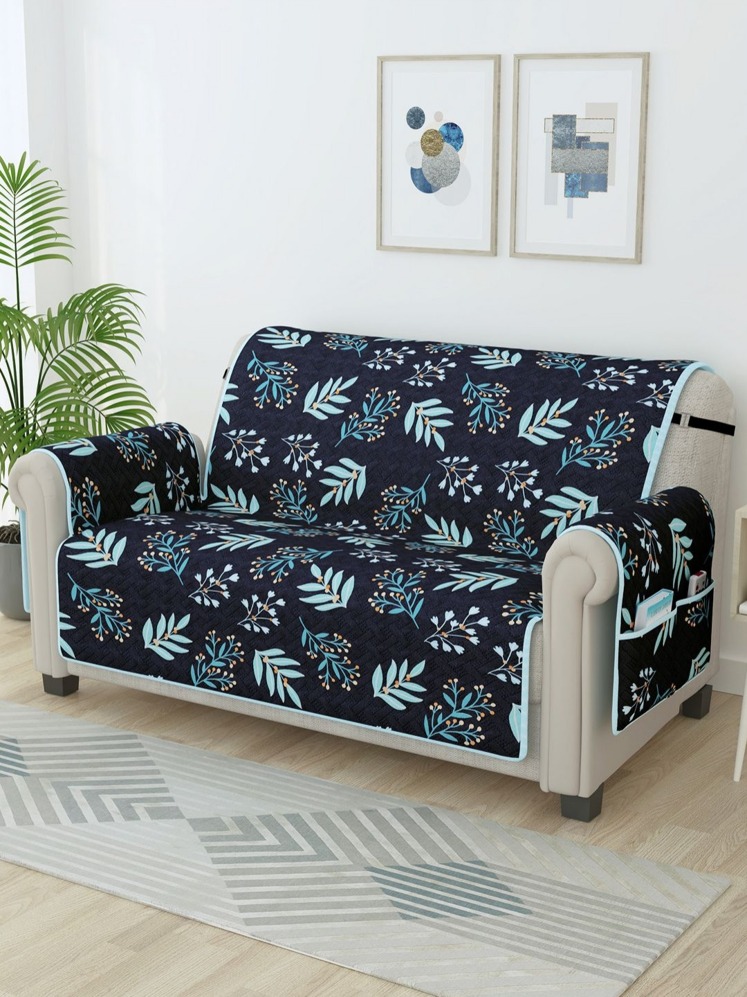 Story@home Navy Blue & Turquoise Blue Printed Microfiber 2 Seater Sofa Cover With Arms