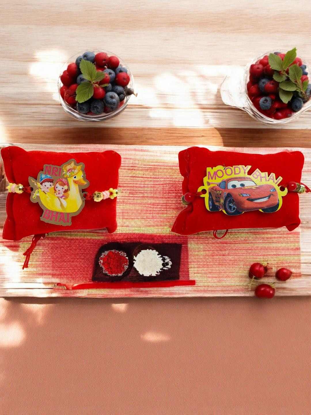 Liten macqueen n NRI bhai Wood Rakhi  Greeting card n Roli