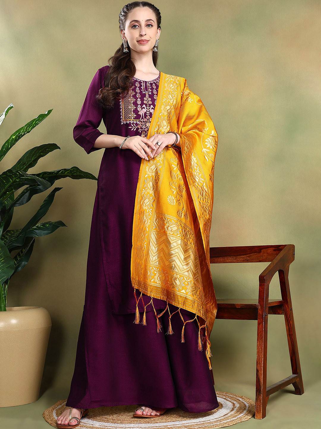 Aumira Women Ethnic Motifs Embroidered Regular Kurta with Palazzos & Dupatta