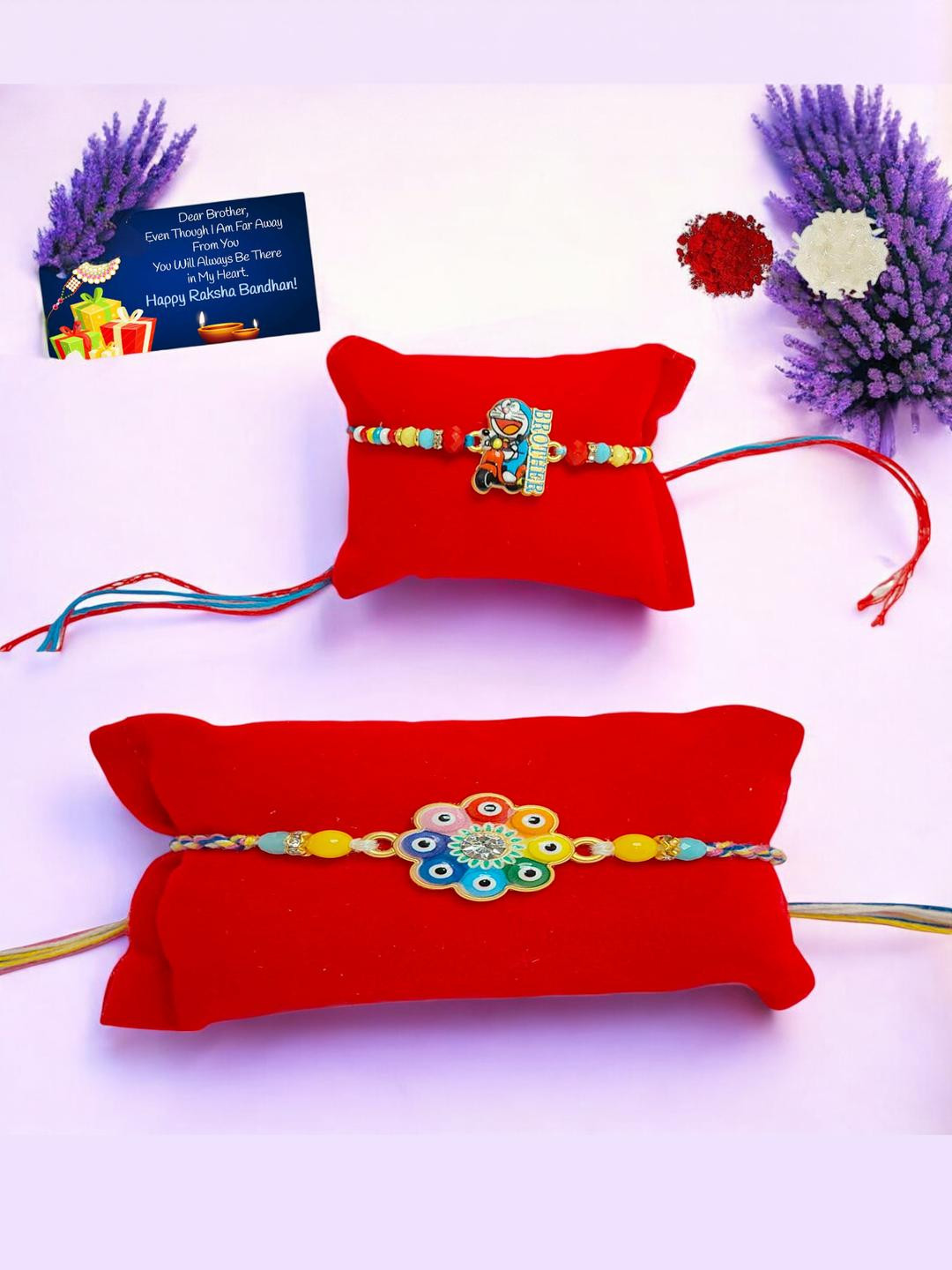 Doramon n Designer Metal Rakhi  Greeting card n Roli