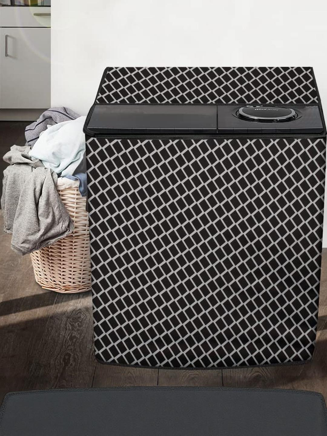 The Furnishing Tree Washing Machine Cover Check Grey Compatible for GODREJ 7KG Semi-Automatic Top L