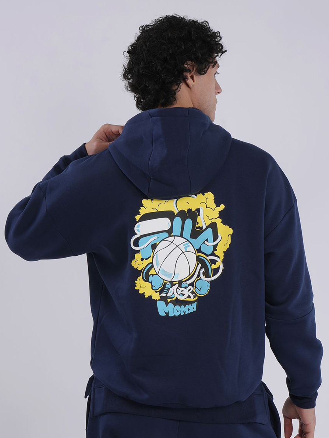 FILA TRIG Unisex Printed Oversized Hooded Cotton Pullover Sweatshirt