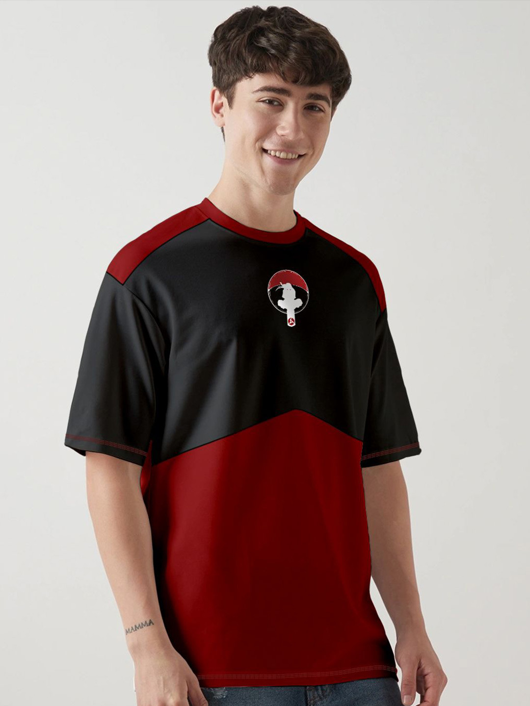 Crazymonk Itachi X Sharingan Printed Drop-Shoulder Sleeves Oversized Cotton T-shirt