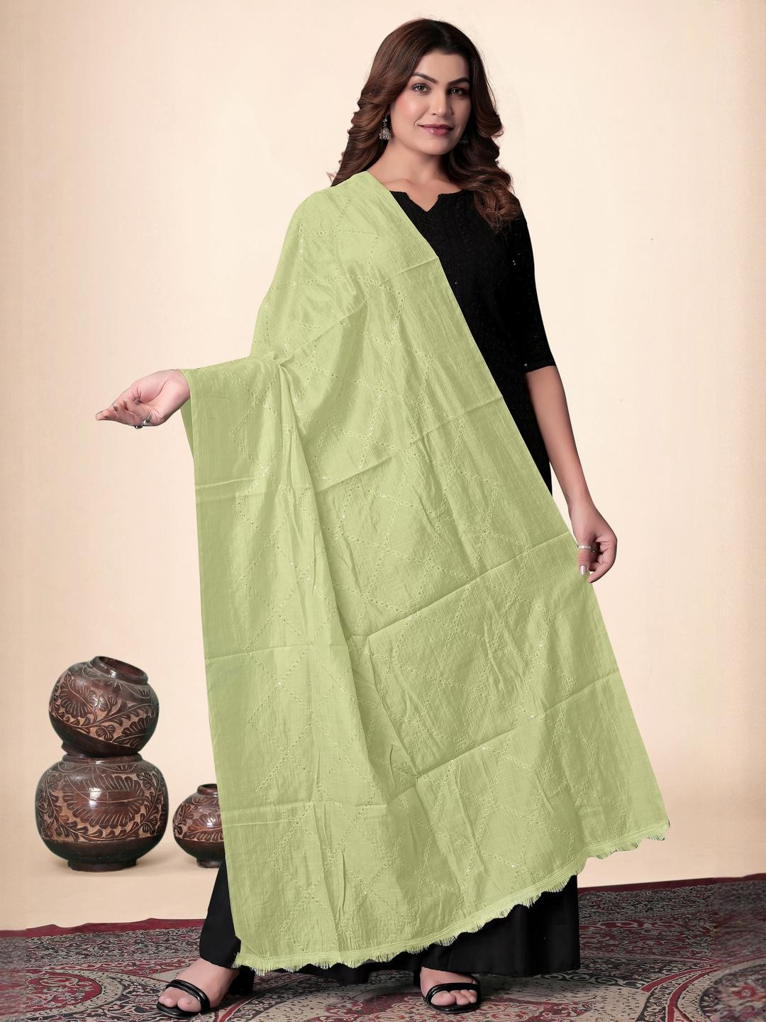 EBADAT Embroidered Sea Green Cotton Dupatta