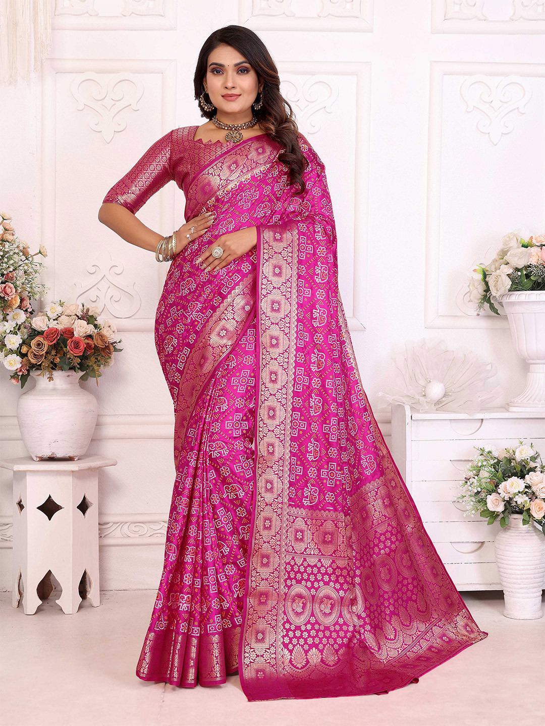 Divyadham Textiles Woven Design Bandhani Print Zari Saree