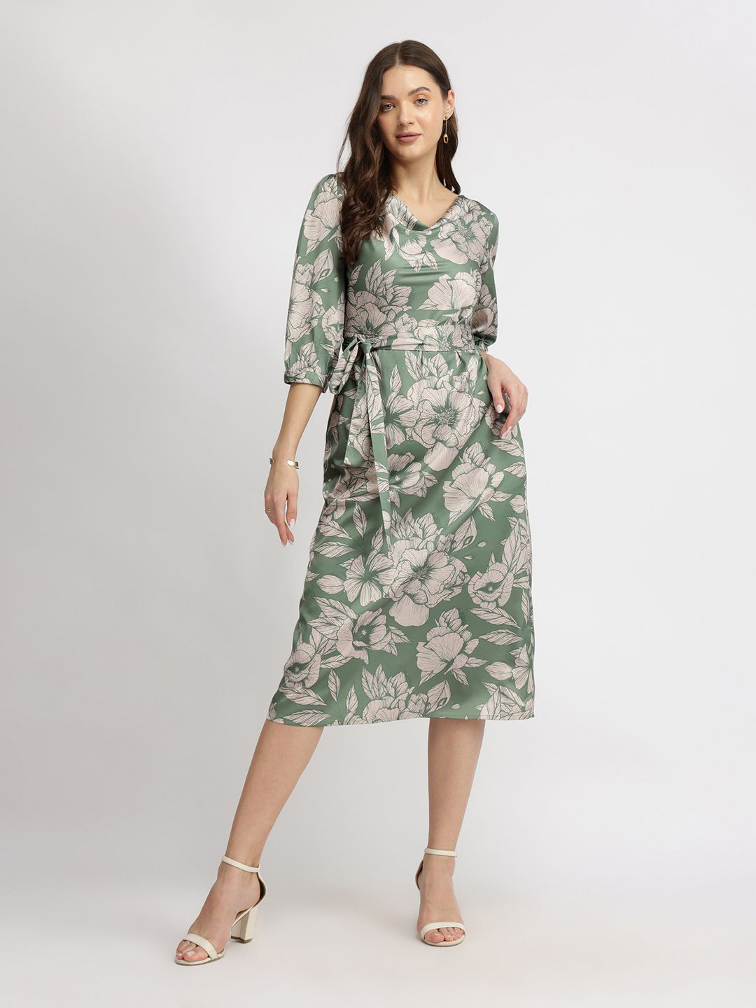 FableStreet Women Satin Floral Printed Cowl Neck A-Line Midi Dress