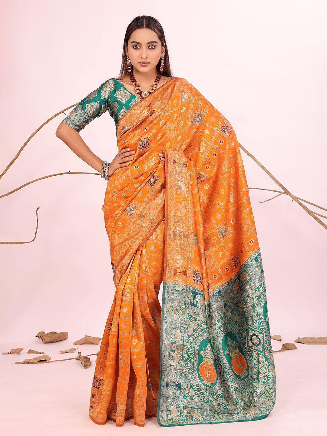 Florence New Stylish Ethnic Motifs Woven Design Zari Kanjeevaram Saree with Blouse Piece