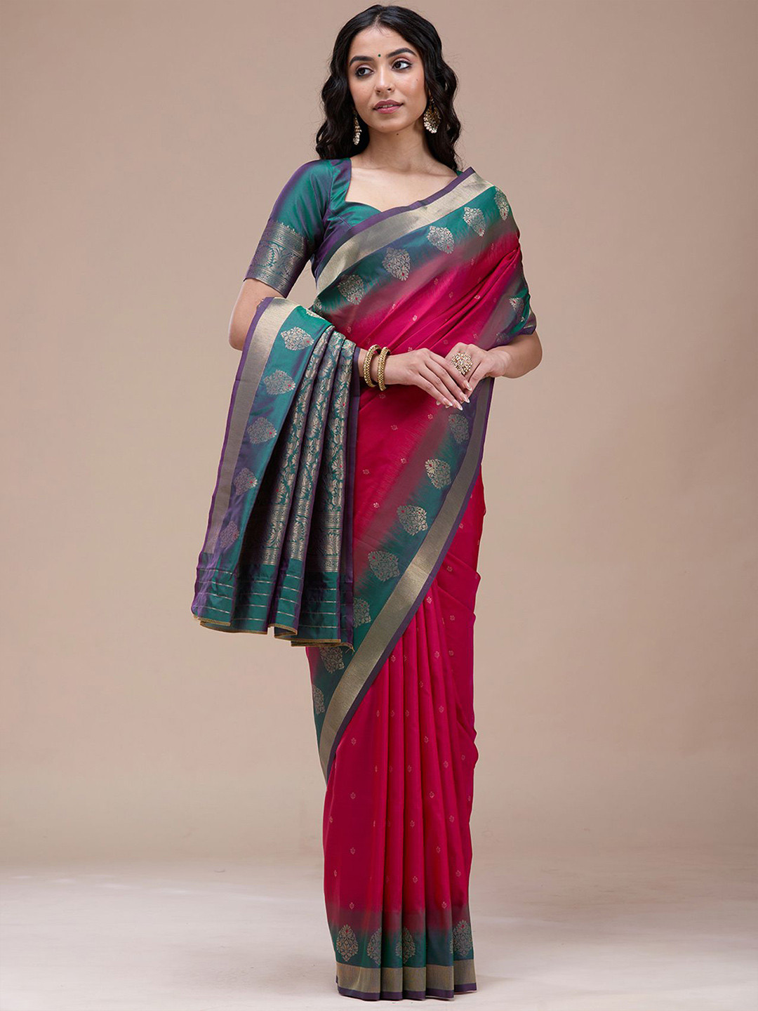 Koskii Woven Design Zari Rani Pink Paithani Silk Saree