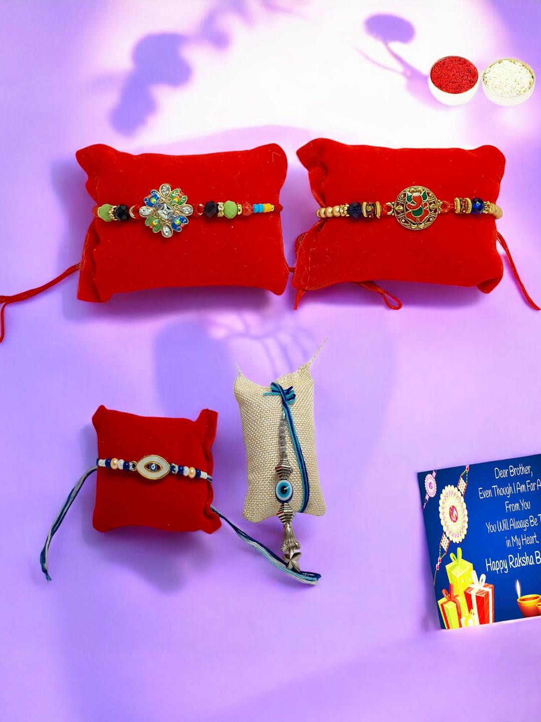Ganes ji Designe Evil eye n lumba Metal Rakhi  Greeting card n Roli
