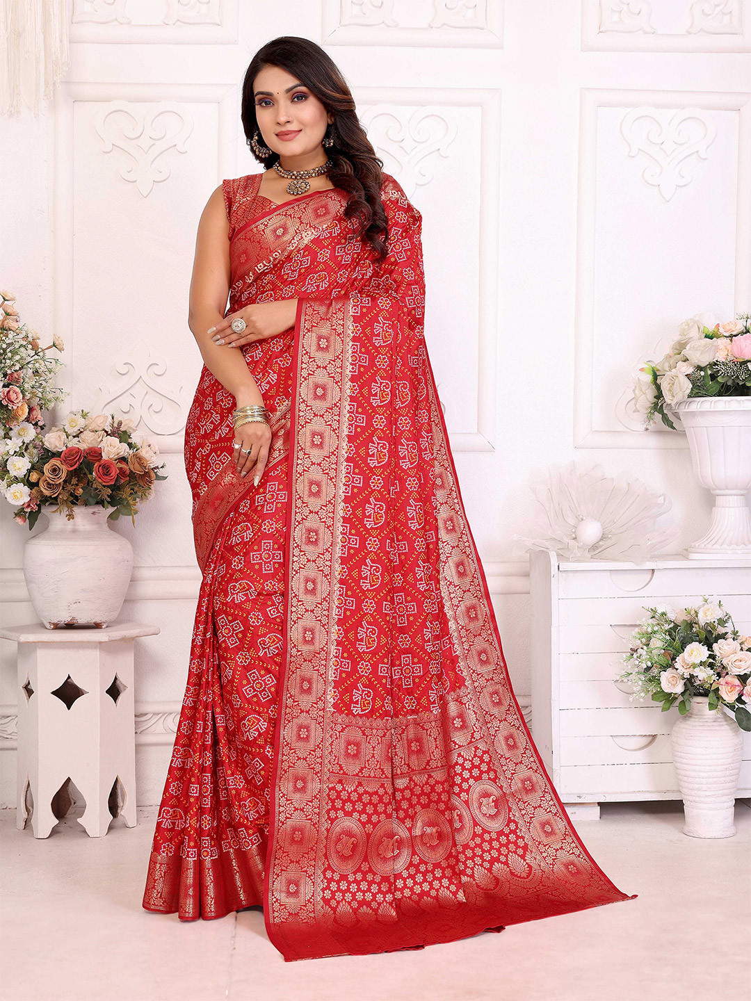 Divyadham Textiles Bandhani Printed Satin Saree with Zari Woven Design Border