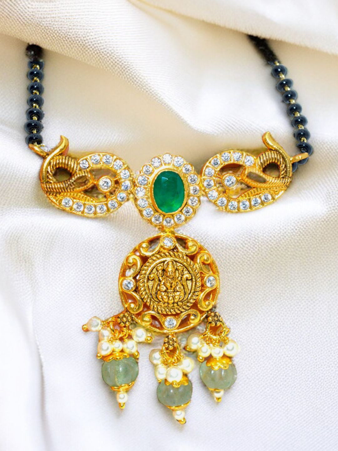 Luxevogue 925 Silver Silver 18K Gold-Plated Stones Studded & Beaded Laxmi Pendant & Chain