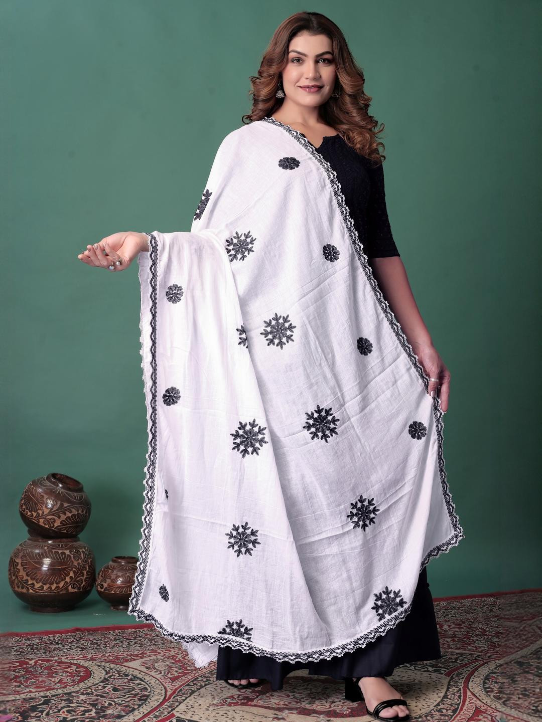 EBADAT Embroidered White Cotton Dupatta