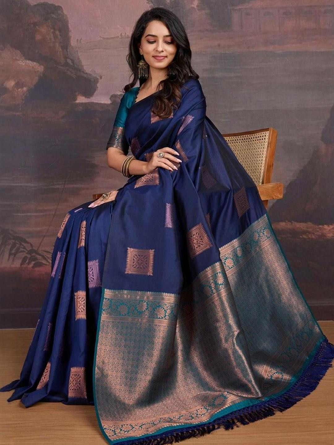 CaniBani Blue Silk Blend Banarasi Sarees