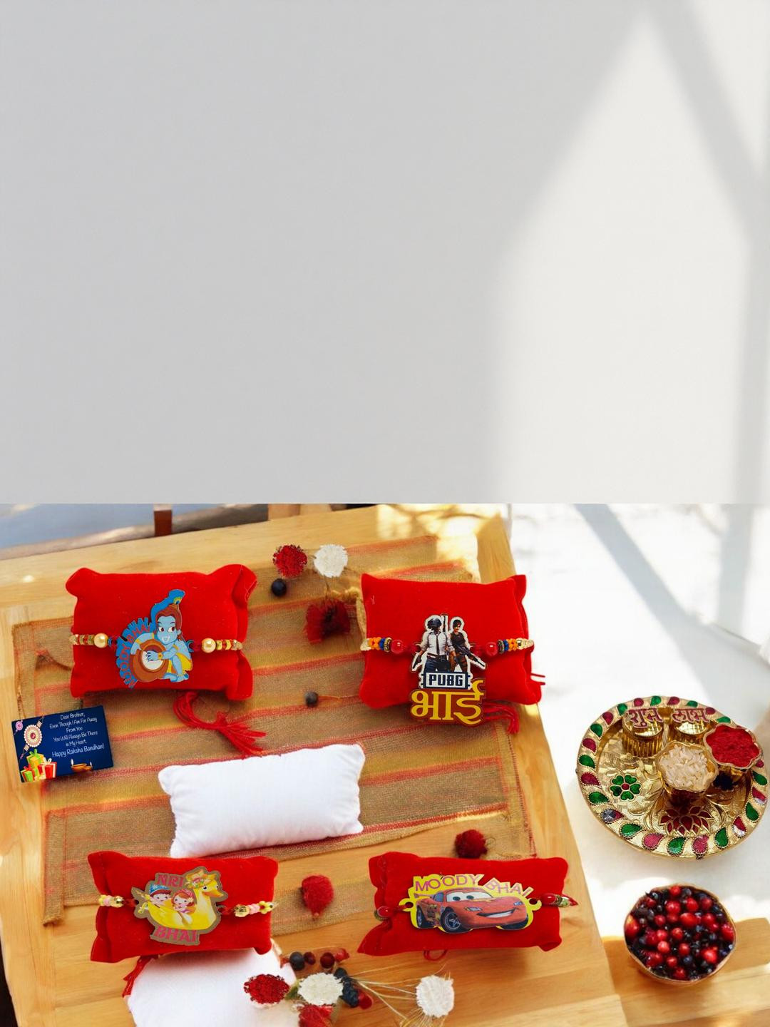 4 Cartoon Wood Rakhi 4.5 Inch Plate Greeting card n Roli