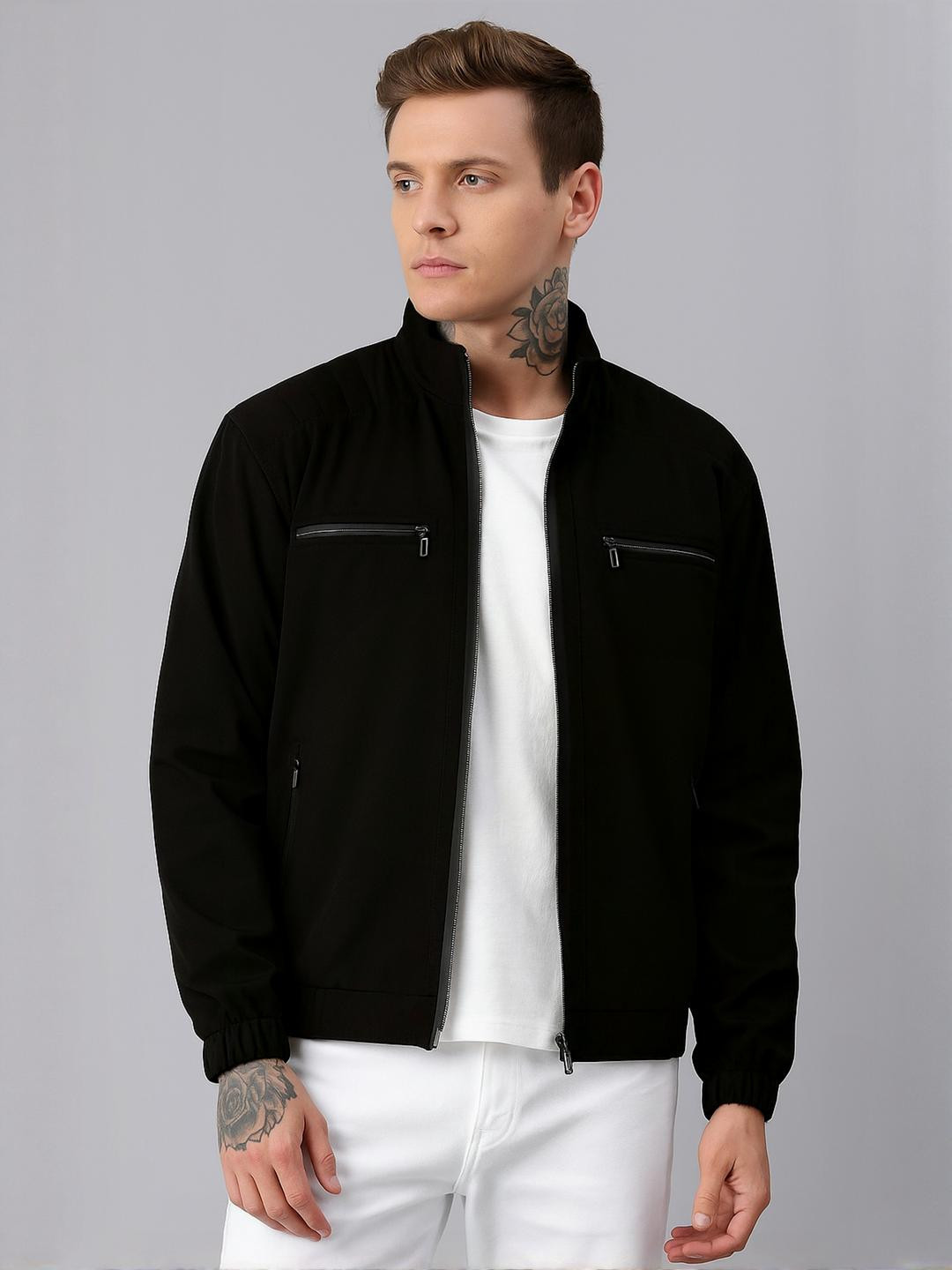 VOXATI Men Black Polyester Jacket