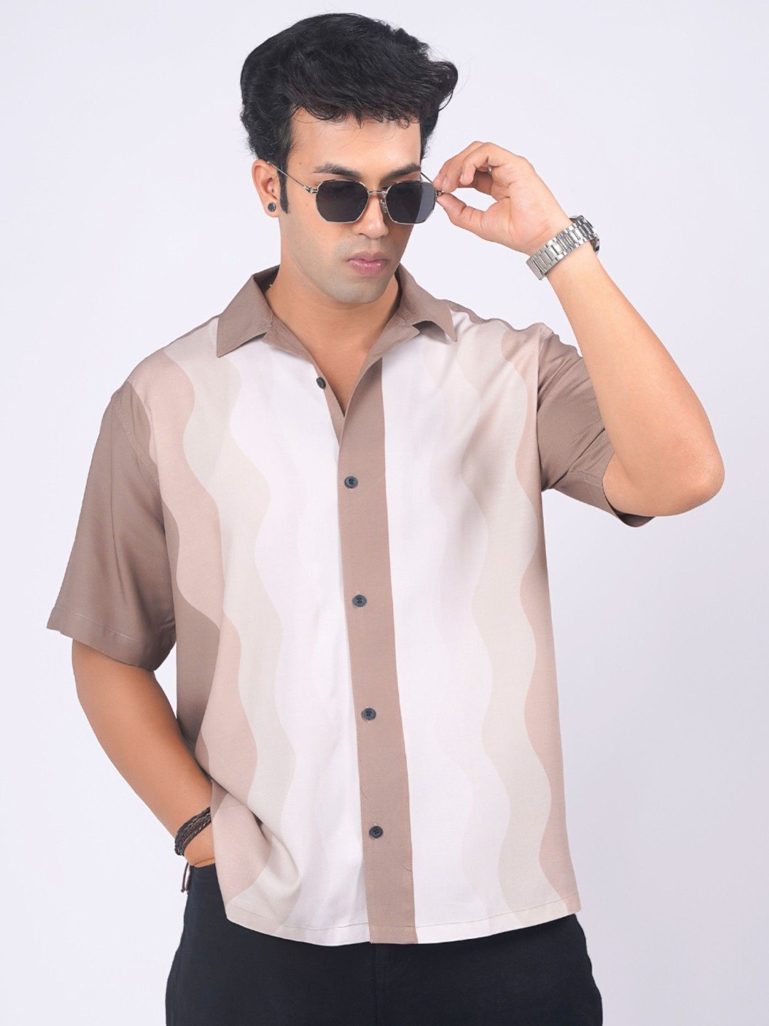 Eszett Ochre Chevron Printed Cuban Collar Pure Cotton Shirt