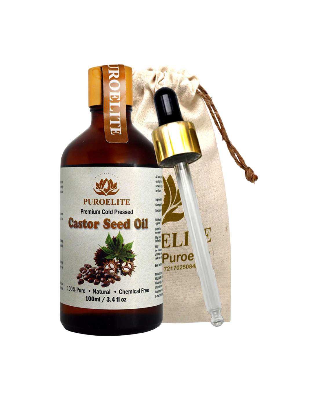 Puroelite Cold Pressed Castor Seed Oil With Dropper For Face & Body - 100 ml