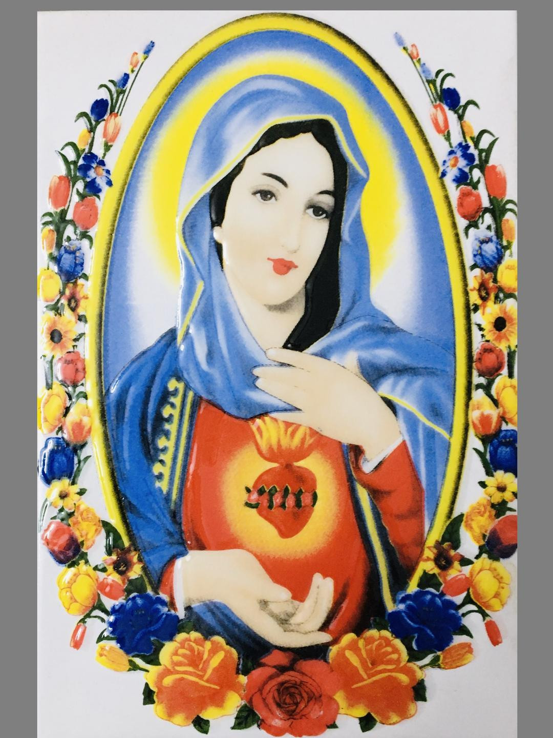 SHOP BY ROOM Mother Marry Ceramic Floral Glossy Hanging Pooja Room Spiritual Wall Decor