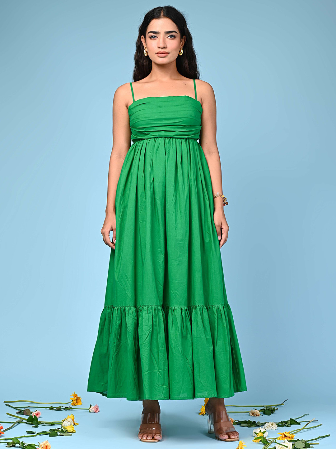 ANISH BY AHINSA Bloom Women Tie-Up Ruched Cotton Empire Maxi Dress