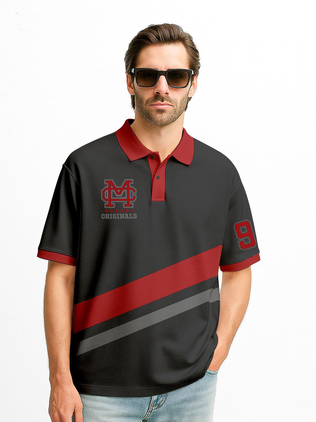 Crazymonk Cyrus Striped Polo Collar Oversized Cotton T-shirt