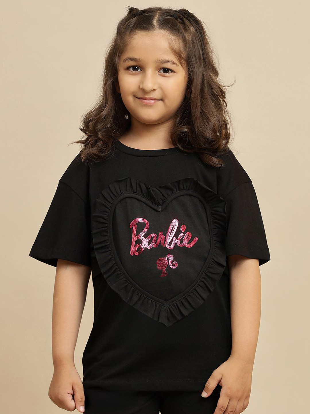Kids Ville Girls Barbie Brand Logo Printed Round Neck Pure Cotton Oversized T-shirt