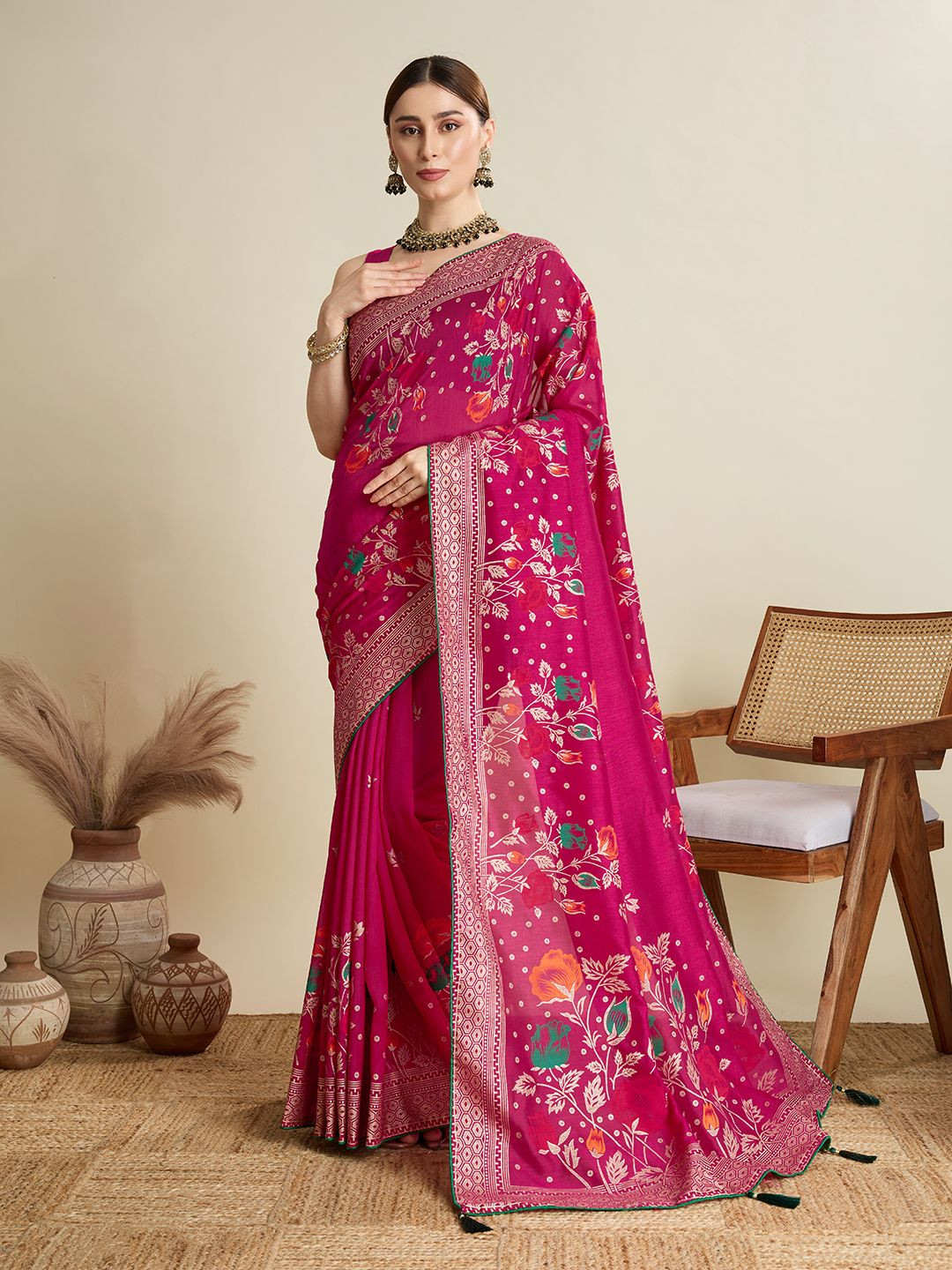 all about you Floral Print Woven Design Zari Banarasi Saree