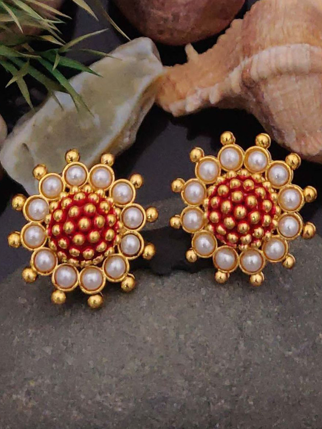 Tajoni Gold-Plated Pearls Studded Oxidised Floral Shaped Studs