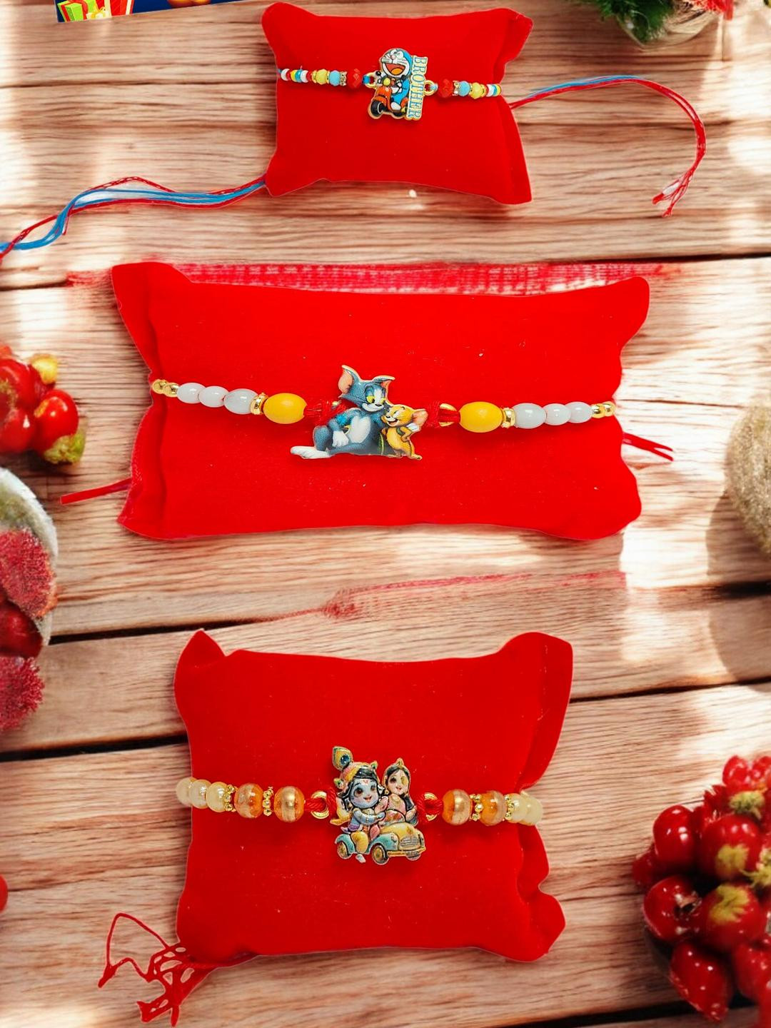 Doramon Tom n Jerry n Radha Krishna Metal Rakhi  Greeting card n Roli