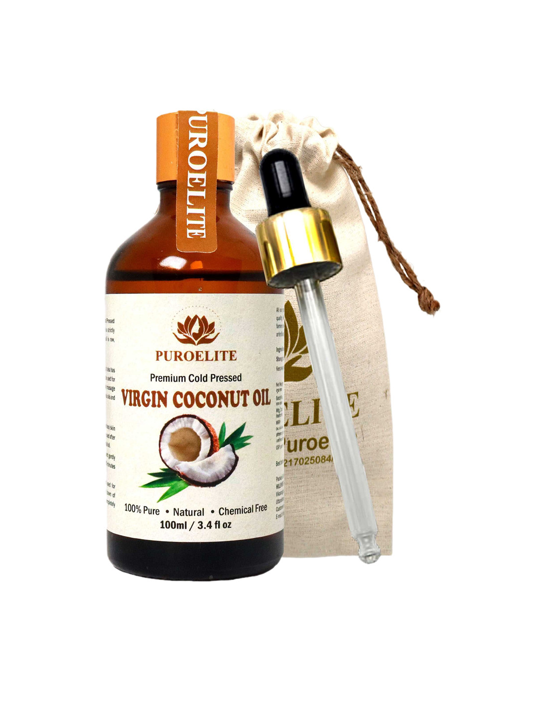 Puroelite Premium Cold Pressed Virgin Coconut Oil With Dropper For Face Hair & Body 100 ml