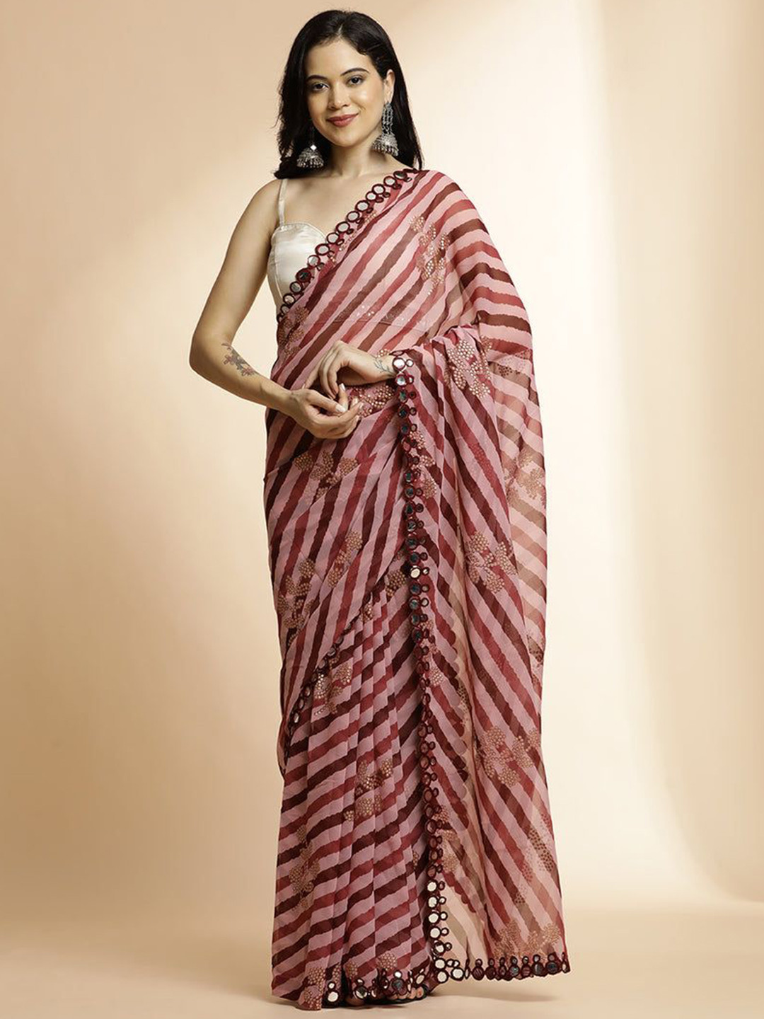 FashionsEye Striped Embellished Mirror Work Pure Georgette Saree