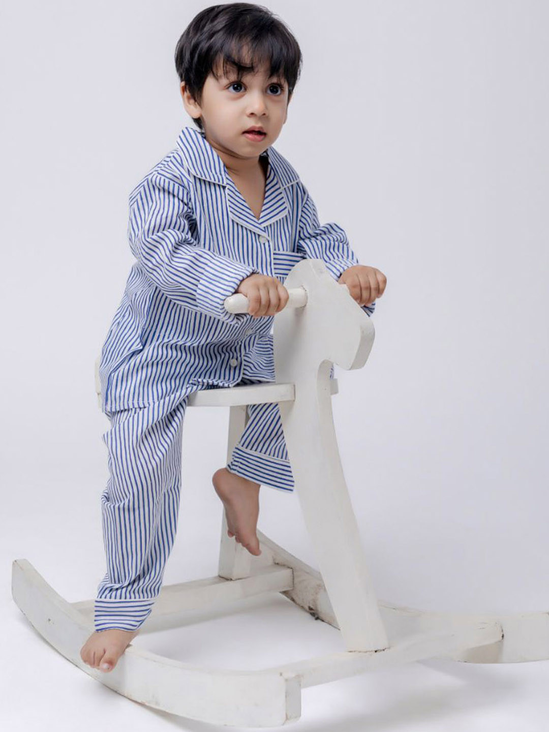 HERE&NOW Kids Striped Lapel Collar Pure Cotton Shirt With Pyjamas