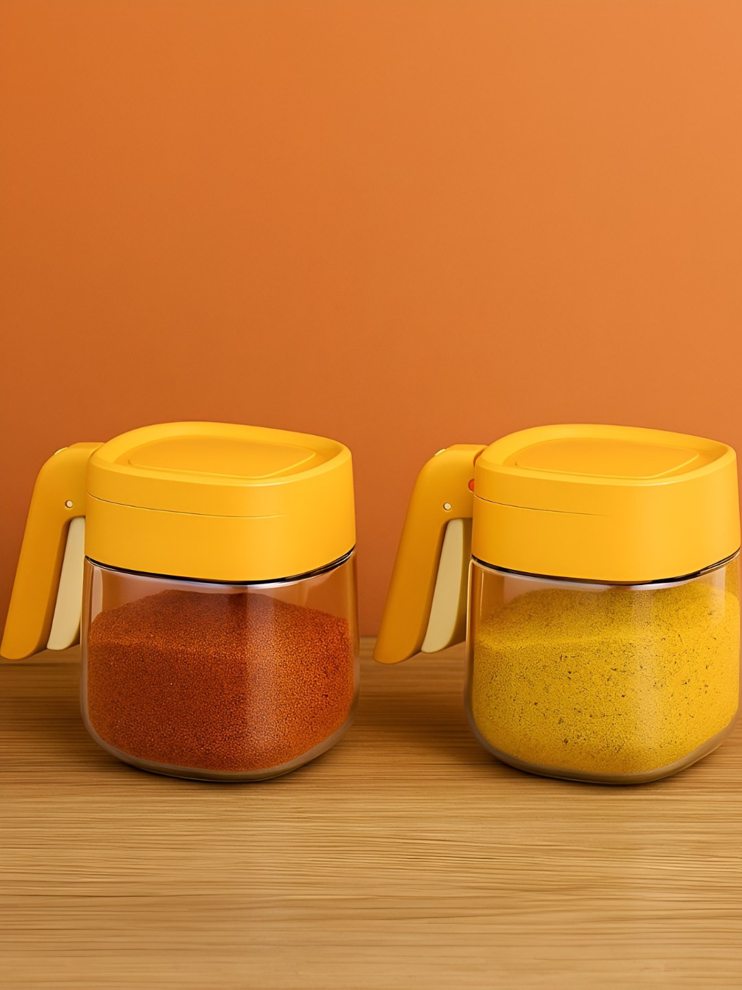 Baskety Yellow 2 Piece Glass Spice Jar With Plastic Spoon Airtight Lid Handle