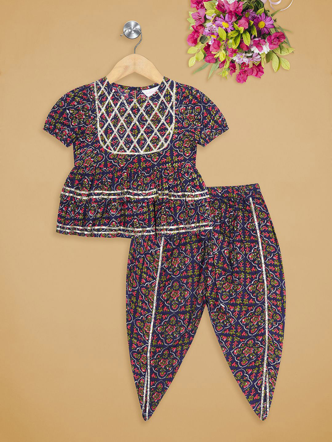 Budding Bees Girls Floral Printed Cotton A-Line Top with Dhoti Pant