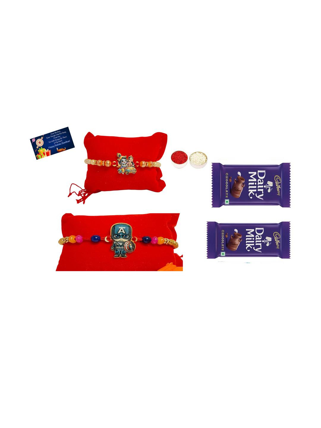 Captain America n Radha Krishna Metal Rakhi choclate Greeting card n Roli