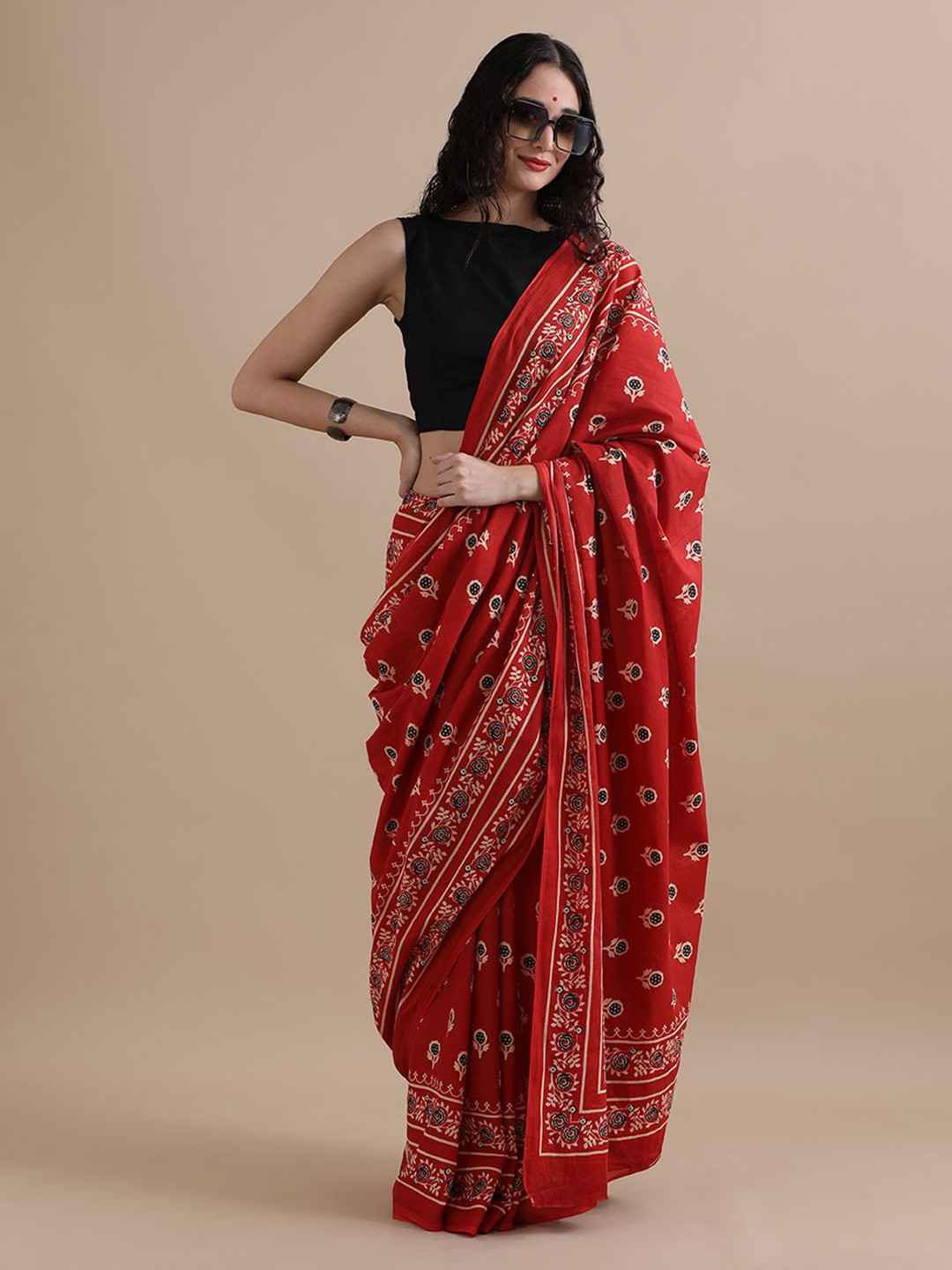 Jaipur Kurti Ethnic Motifs Printed Mulmul Cotton Ready To Wear Saree