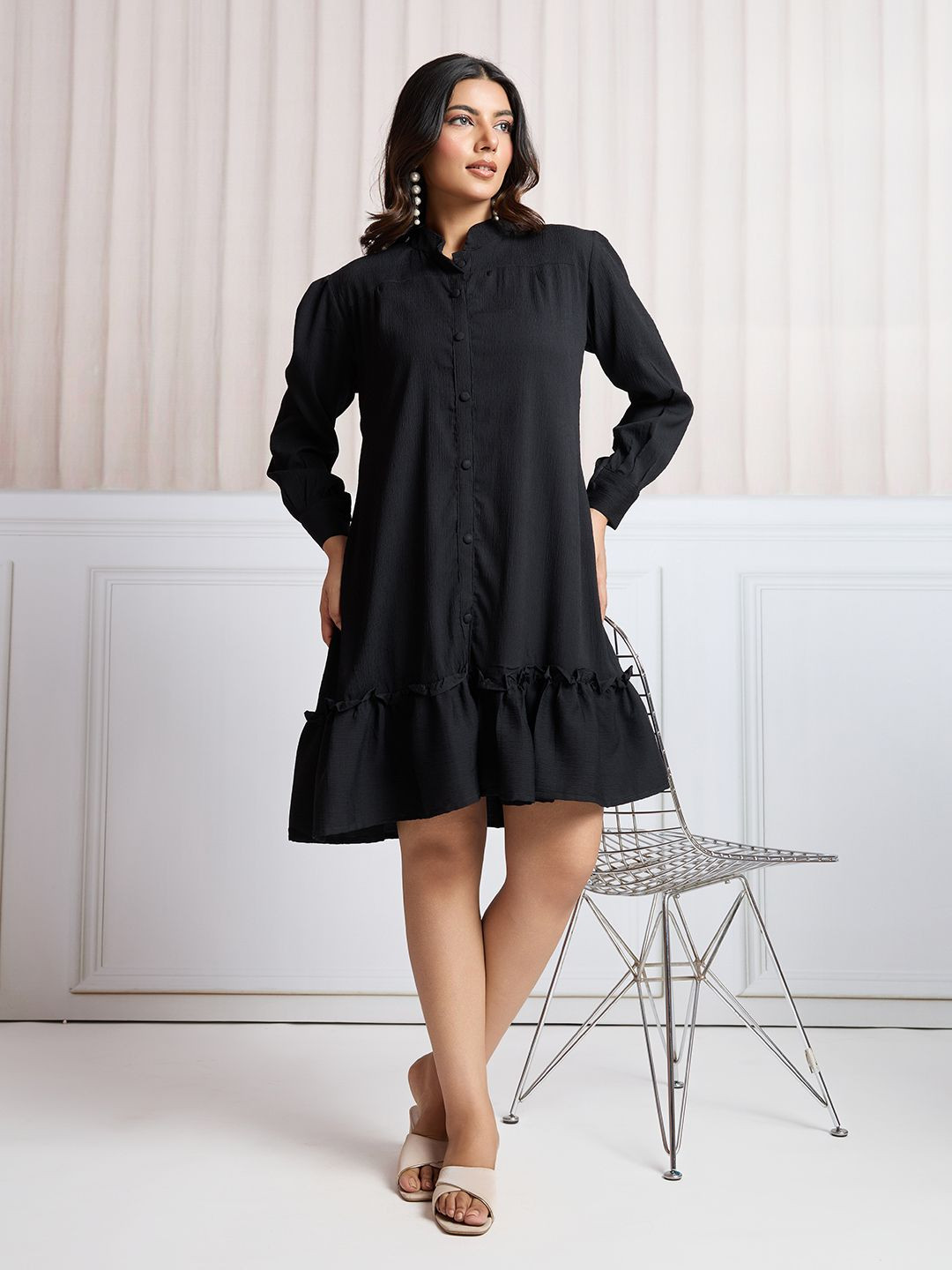 CLOTHING CLOSET Mandarin Collar Cuffed Sleeves Shirt Dress