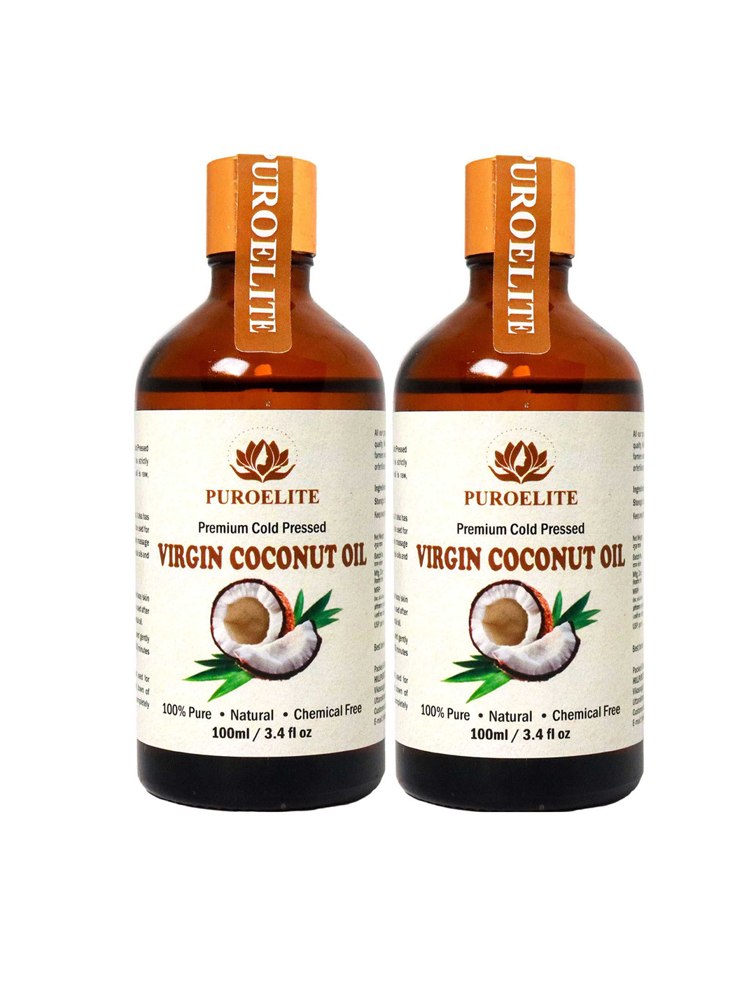Puroelite Set Of 2 Cold Pressed Virgin Coconut Oil With Dropper For Hair & Body 100ml Each
