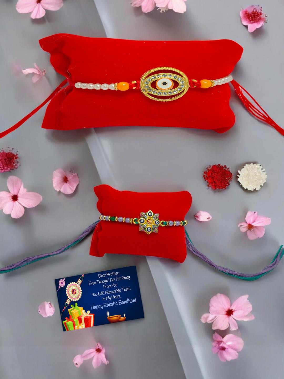 Om n Evil eye Metal Rakhi  Greeting card n Roli