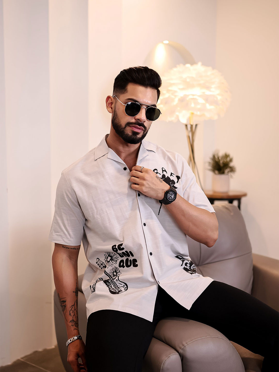 Eszett Craft Graphic Printed Cuban Collar Pure Cotton Shirt