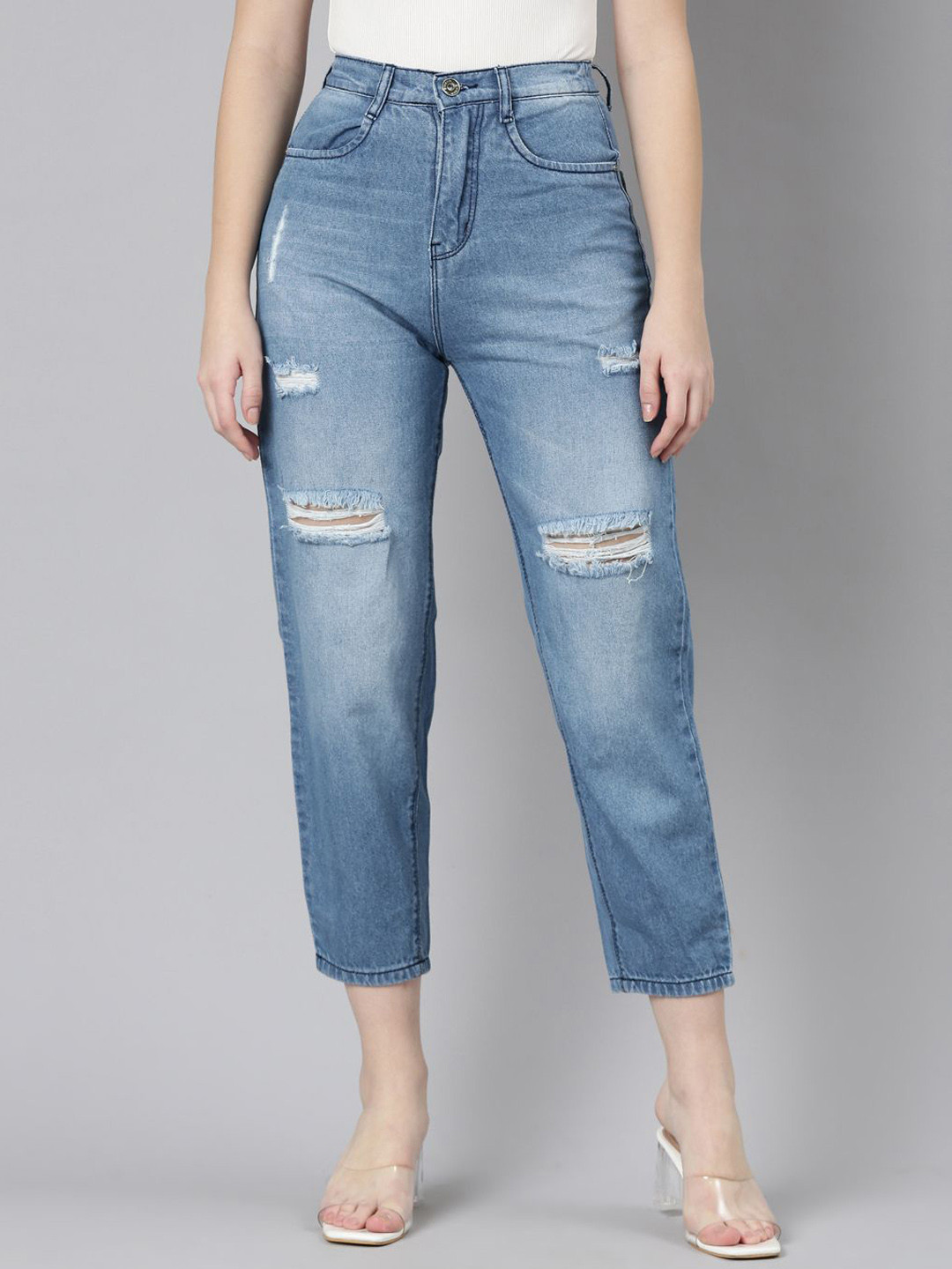 ZHEIA Women High-Rise Baggy Fit Heavy Fade Stretchable Jeans
