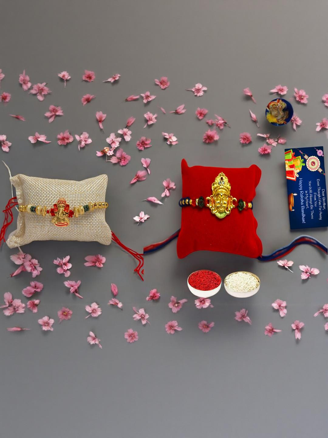 Ganes ji n Khatu Shyam Metal Rakhi  Greeting card n Roli